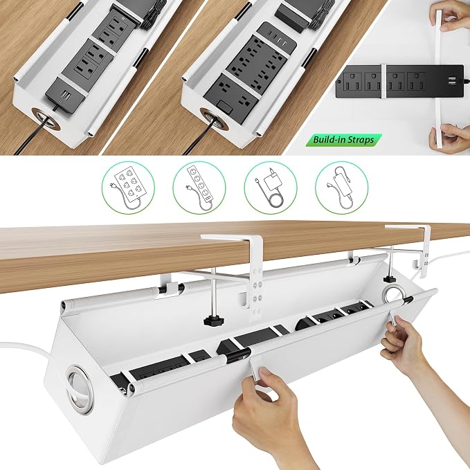 KEEGH Under Desk Cable Management Tray 36", No Drill Cord Organizer, White | Heavy Duty, Large Capacity, 3-Level Clamp Fit 0"-2.5" Desks, Clamp/Screw Mount, for Home, Office, Gaming, Room, Studio