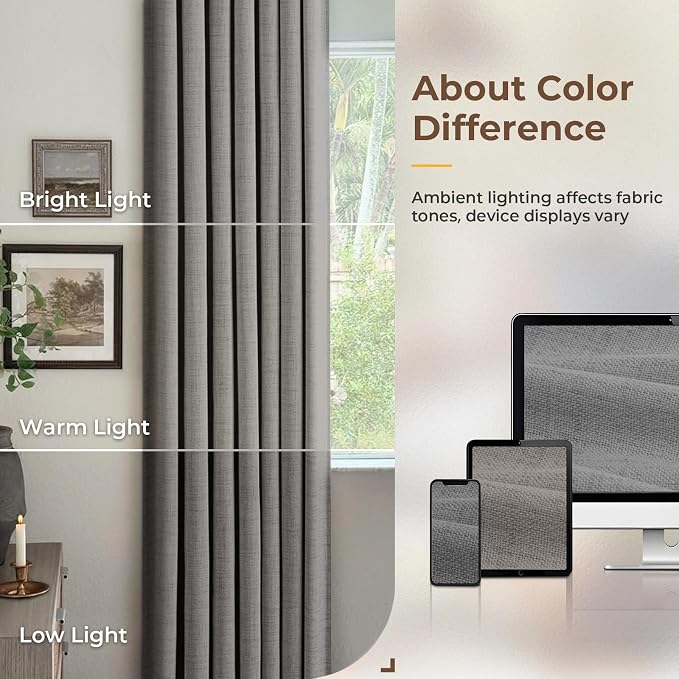 INOVADAY 100% Blackout Curtains for Bedroom, Stoic Gray Black Out Curtains 108 Inch Long, Clip Rings Linen Blackout Drapes, Thermal Insulated Room Darkening for Living Room, 2 Panels - W50xL108