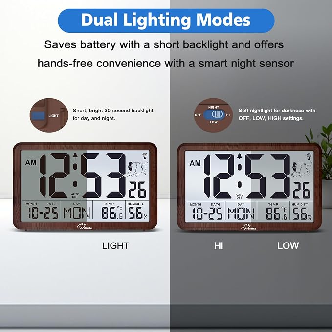 WallarGe Atomic Wall Clock with Backlight, Battery Operated | Large Digital Display, Indoor Temperature, Humidity, Date, AUTO DST, 6 Time Zones