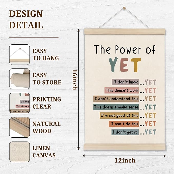 DOI-LANEE The Power of Yet Poster - Motivational Inspirational Wall Decor, Mental Health Therapy Office Decor, Growth Mindset Wall Art for Homeschool Classroom Counselor, 16x12 Inch