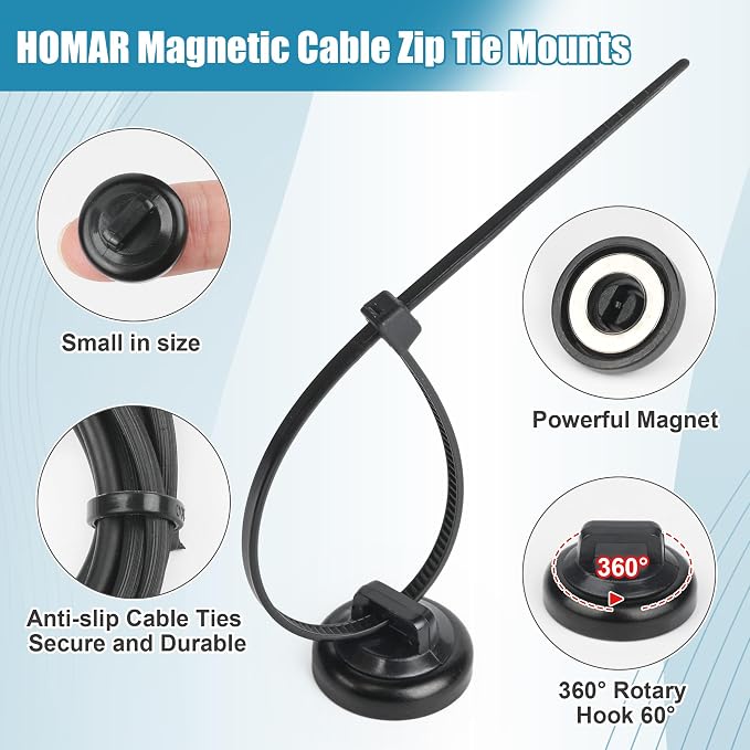 HOMAR magnetic zip tie mount Magnetic Zip Ties Mount Base Holder with 100 Pcs Cable Zip Ties, Strong Magnet Wire Holder, Cable Management Clips for Electrical Wiring Home Office Outdoors Organization