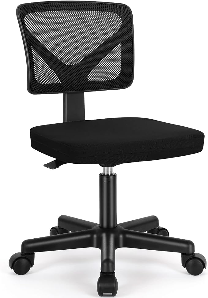 Sweetcrispy Ergonomic Low-Back Mesh Small Office Chair, Rolling Work Swivel Chairs with Wheels, Armless Comfortable Seat Lumbar Support for Home, Bedroom, Study, Student, Adults, New Black