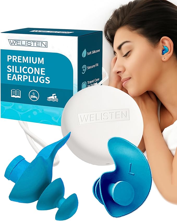 Ear Plugs for Sleeping Noise Cancelling, Reusable Soft Noise Reduction Earplugs for Sleep, Focus, Travel, Work, Concert, Sleeping Ear Plugs with Custom Case - Blue