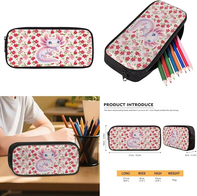 WELLFLYHOM Axolotl 4 PCS Backpack for School Girls 8-12 17 Inch School Bookbag Lunch Bag Pencil Pen Case Water Bottle Cover Kids Daypack for Junior Senior Students