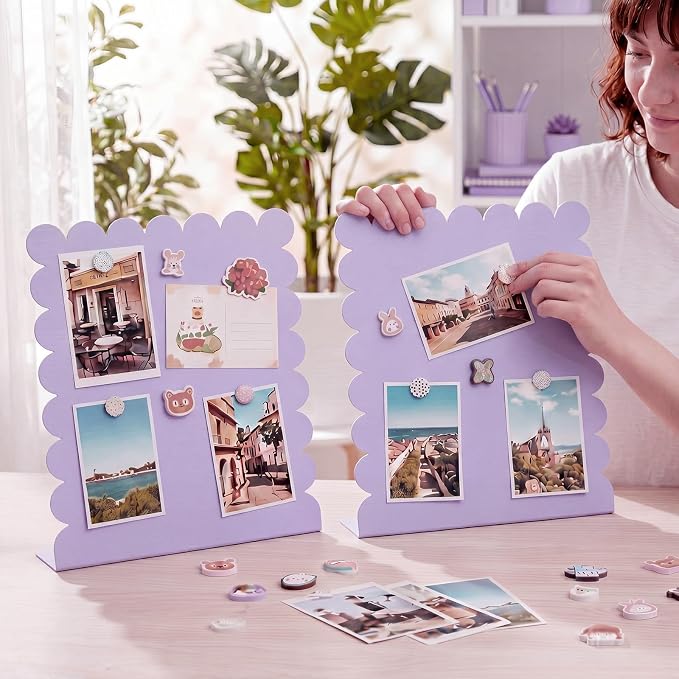 Gueevin 2 Pcs Magnet Board Standing Magnetic Metal Board for Desk and Wall Scalloped Magnetic Display Stand for Memos Photos and Documents Home Office School Desk Storage Decoration(Purple,Medium)