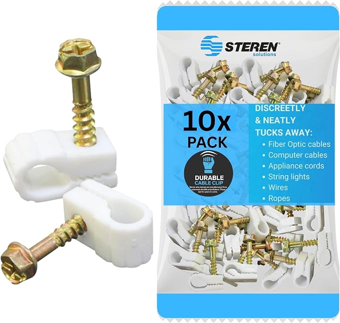 Coaxial Cable Clips - Cable Holder - Wire Clips - Siding Clips for Hanging - Cord Holder for Desk - Cable Clamps - Cord Clip - Wire Organizer Clips - Tv Mount Screws - White - 10 Pack - STEREN