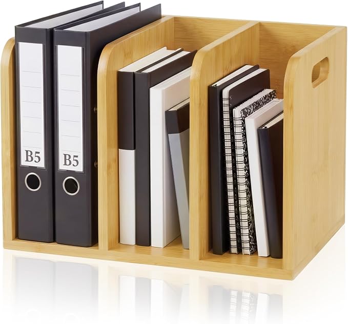 Novabright Bamboo File Magazine with Handle Holder Desk Organizer, 3 Vertical Compartments Workspace Sorters for Magazines, Binders, Notebooks, Envelopes