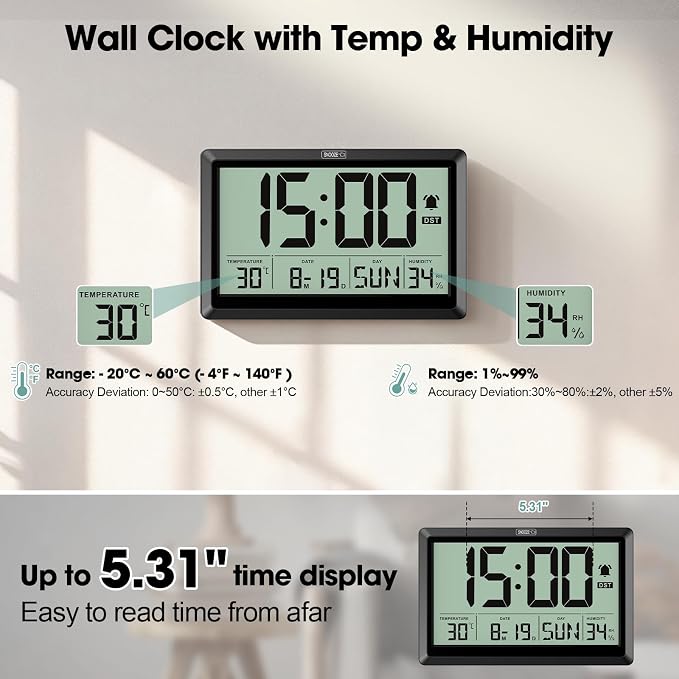 10.4'' Digital Wall Clock Battery Operated with Date/Temp/Week, Touch Snooze Function, Alarm, Temperature & Humidity - Easy to Read and Set, Auto DST