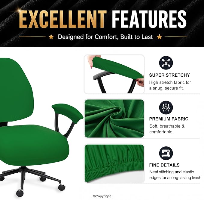 Stretchable Desk Office Chair Seat Covers with Armrest Covers - Universal Stretch Computer Chair Slipcover - Washable Rotating Backrest Coverings & Cushion Protectors for Dogs, Cats, Pets, Green