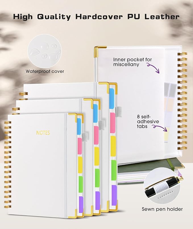 Hardcover Spiral Notebook journal with Removable Dividers Tabs, 300 Pages Leather 5 Subject Notebook College Ruled, 100GMS Notebooks for Work School Note taking,Lined Journal for Women,A5 White