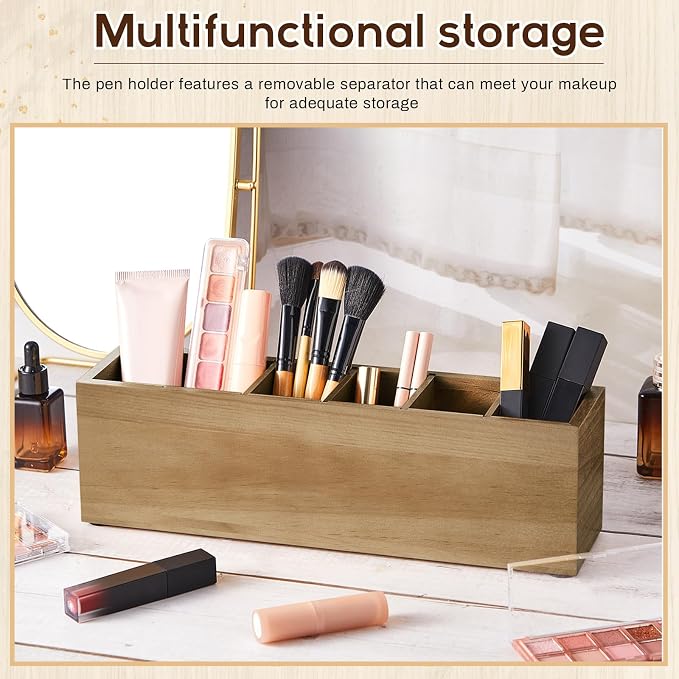 Jetec Wooden Pencil Pen Holder for Desk 6 Compartments Cosmetic Makeup Brush Stationery Office Desktop Organizers for Countertop Adjustable Silverware Caddy for Home and Party, Art Supplie(Wood Color)