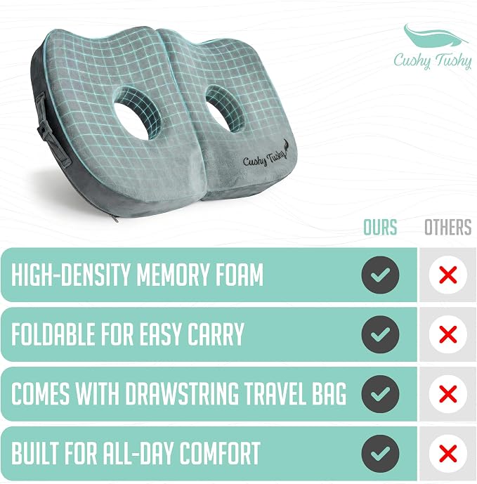Cushy Tushy Seat Cushion | Premium Foldable Sit Bone Cushion for Pressure Relief, Hip, Hamstrings & Sciatica Comfort | Butt Pillow | Ergonomic Ischial Tuberosity Support for Home, Office & Driving