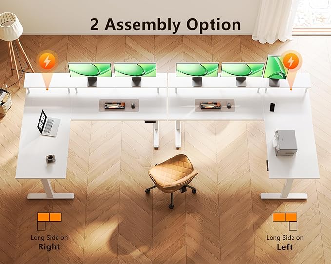 AODK Electric L-Shaped Standing Desk, 59 Inch Height Adjustable Office Desk with Monitor Stand, Sit-Stand Desk with Power Outlets, Large Lift Table for Home, Office, Workstation, White