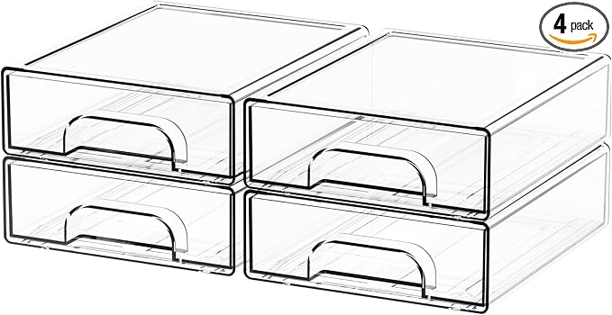 4 Pack Small Clear Stackable Storage Drawers,2.2'' Tall Desk Organization and Storage,Plastic Office Supply Organizer,Acrylic Storage Containers for Makeup,Hair Clip,Accessory,Pen,Art Crafts