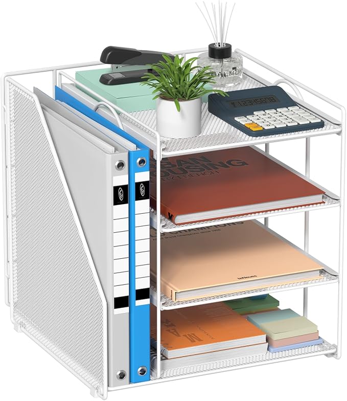 White Desk Organizer and Accessories, 4-Tier Paper Organizer for Desk, Office Accessories & Workspace Organizers and Desktop Storage for Office Supplies (White)
