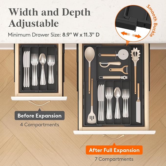 Lifewit Silverware Drawer Organizer, Expandable Utensil Tray for Kitchen, BPA Free Flatware and Cutlery Holder, Adjustable Plastic Storage for Spoons Forks Knives, 4-7 Slots, Black