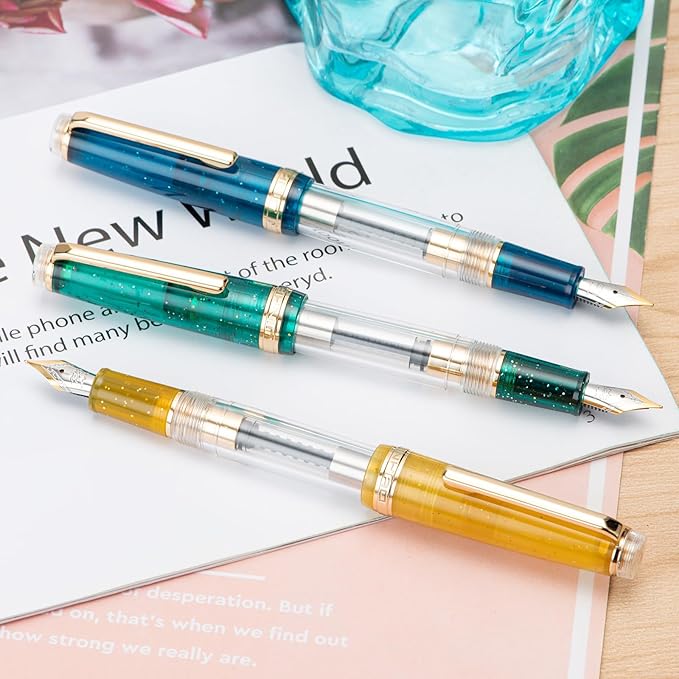 Set of 3 Jinhao 82 Fountain Pens Transparent Starry Sky Color Acrylic Medium Point Gold Trim with Converter