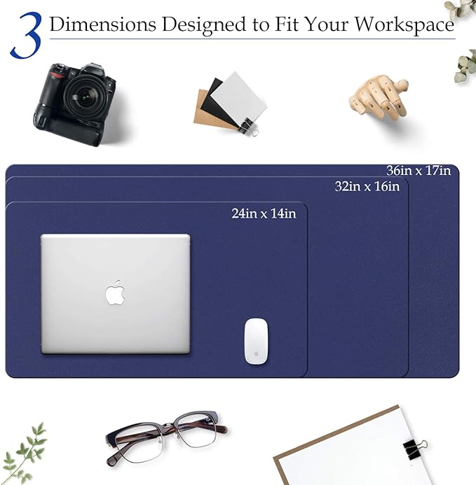 TOWWI PU Leather Desk Pad with Suede Base, Multi-Color Non-Slip Mouse Pad, 24” x 14” Waterproof Desk Writing Mat, Large Desk Blotter Protector (Dark Blue)