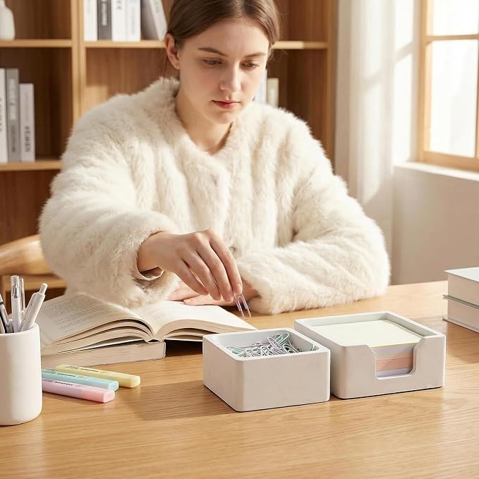 Concrete Desk Organizer Set of 2 - Minimalist Sticky Note Holder & Paper Clip Dispenser - Heavy Duty Office Desk Accessories with Non-Slip Base for Home Workspace Organizer & Desk Decor, White