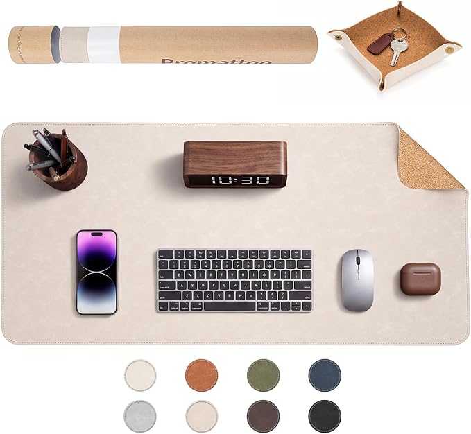 Premium Faux Leather Desk Mat & Tray Set，Innovative Cork-Look Printed Base，Gift Tube Packaging，Full-Desk Coverage，Non-Slip Desk Pad for Office Home（Warm Beige）