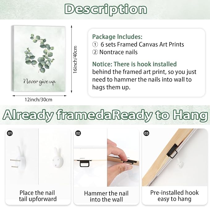 CHDITB Botanical Canvas Wall Art, Sage Green Plant Wall Decor, Inspirational Quotes Framed Poster, Watercolor Eucalyptus Artwork, Boho Mental Health Prints For Office Living Room Bedroom Decor 12”X16”X6