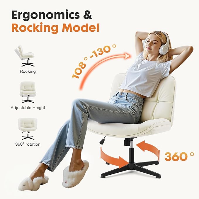 Sweetcrispy Criss Cross Armless Office Chair - PU Leather Adjustable 360° Swivel Wide Seat with Thick Padding, Ergonomic Rolling Computer Desk Task Chair for Modern Vanity & Makeup