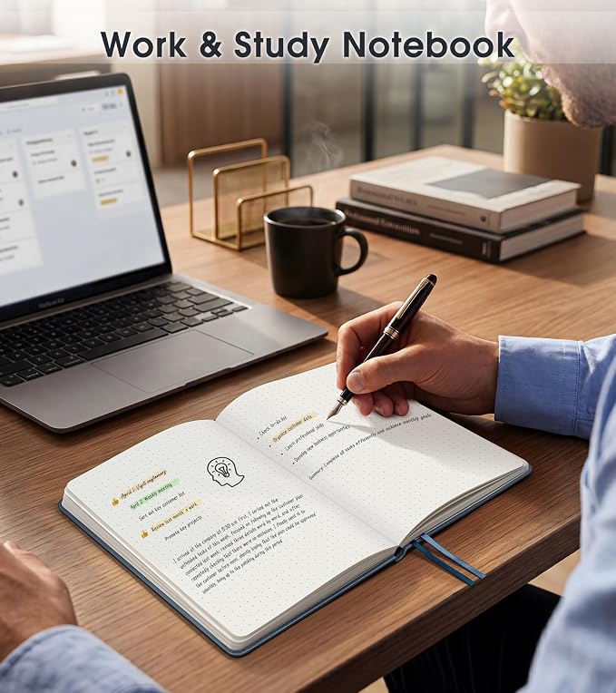Dotted Journal Notebook, A5 Leather Hardcover, 160 Pages, 180° Lay-Flat Binding, 100 GSM Thick Paper, Dot Grid for Bullet Journaling, Planning & Daily Organization (Dusty Blue)