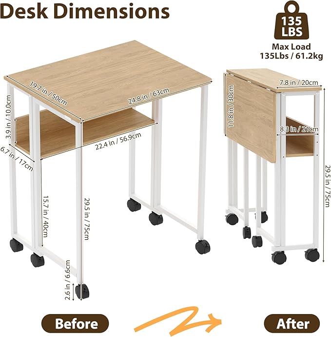 Folding Desk Small Rolling Desk with Storage Shelf,24.8 Inch Foldable Computer Table with Wheels,Portable Office Desk for Small Space Sofa Table,Easy to Fold,Writing Work Office Computer Desk,Oak