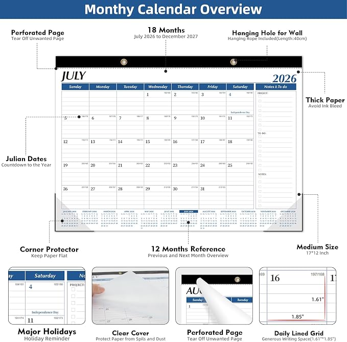 Tcamp Desk Calendar 2026-2027, Large Desktop/Wall Monthly Calendar (Jul. 2026 - Dec. 2027) 17'' x 12'' School Year Desk Planner for Home School Office Desktop