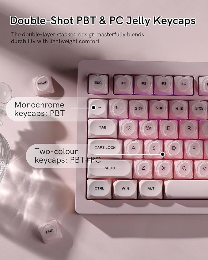 PBT Keycaps, MOA Profile Pink Jelly Keycaps, 129 Keys Cute Custom Key caps for MX Switches Mechanical Keyboard, Compatible with 60%, 65%, 75%, 96%, Full-Sized Layout