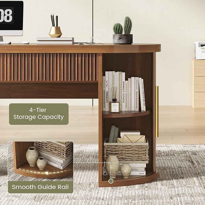 SEDETA Office Desk with 2 Drawers, 58.3" x 21.7" Fluted Long Computer Desk with 2 Sliding Doors Storage and Power Strip, Wood Executive Desk for Home Office, Living Room, Bedroom, Brown