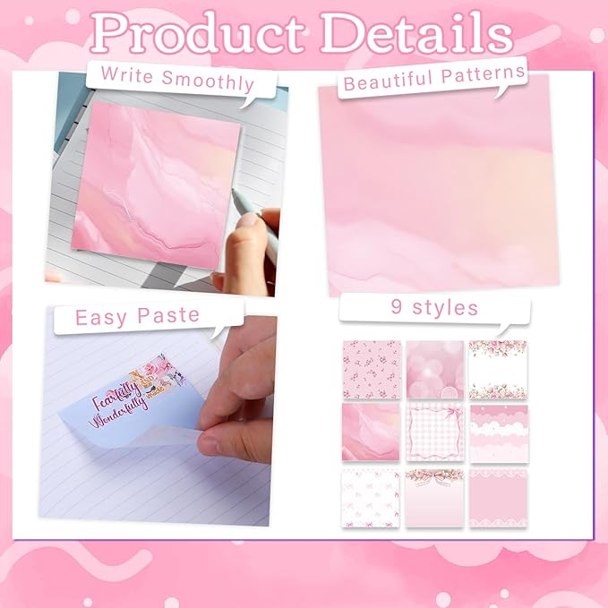 Aesthetic Sticky Notes Gifts, 9 Pack Pink Aesthetic Notepads 3x3 Inch Gifts for Coworkers Students, Pastel Memo Pads Office School Supplies for Men Women (450 Sheets)