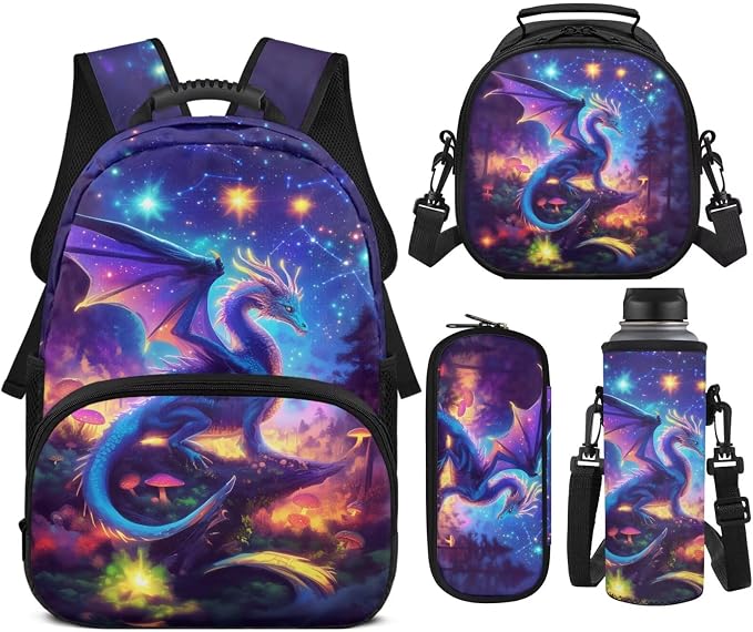Mushroom Dragon Backpack for Girls Elementary School, Galaxy Space 17 Inches Bookbag with Lunch Box for Kids Age 6-8 Back to School, Lightweight & Large Capacity