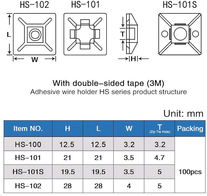 XHF 200 PCS 1/2" Black Self Adhesive Cable Zip Tie Mounts Wire Cable Clips Holders Management Anchors Organizer Holders Squares(HS-100)
