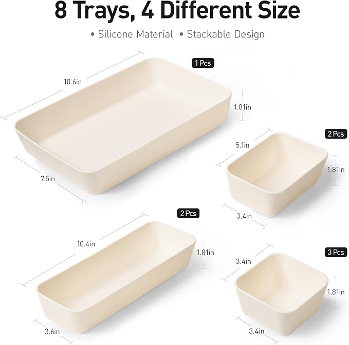 ISSEVE 8Pcs Silicone Drawer Organizer Trays for Bathroom, 4 Sizes, White | Nesting Organizer Trays, For Vanity, Desk, Nightstand, Makeup, Jewelry, Toiletries, and Office Small Items, Drawer Organizer