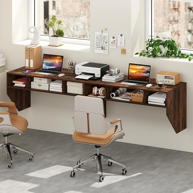 Giantex Wall-Mounted Computer Desk, Floating Laptop Desk with 3 Storage Compartments, Space-Saving Home Office Workstation Vanity Table for Bedroom, Study, Living Room (Rustic Brown)