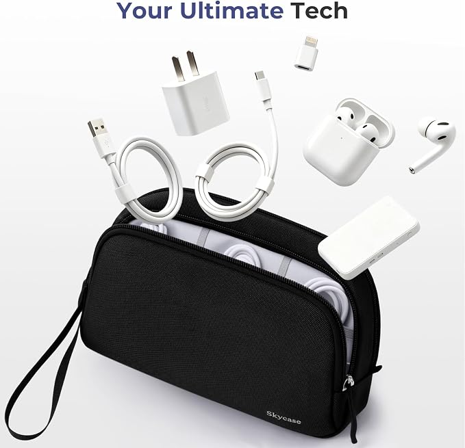 Skycase Travel Cable Organizer - Lightweight Water Resistant Dual-Layer Tech Pouch with Wrist Strap 9 Compartments Electronic Organizer Travel Case for Charger Cord Hard Drive,Small,Black