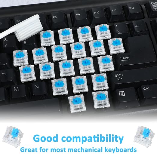 72 Pieces Blue Mechanical Keyboard Switches, 3 Pin Pre-Lubricated Clicky Key Switches, Dustproof and Waterproof Keyboard Accessories for Mechanical Gaming Keyboard