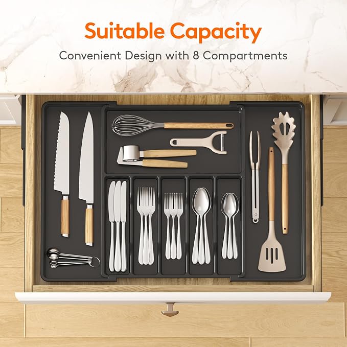 Lifewit Silverware Drawer Organizer, Expandable Utensil Tray for Kitchen, BPA Free Flatware and Cutlery Holder, Adjustable Plastic Storage for Spoons Forks Knives, 15- 27 x 18.5", Black