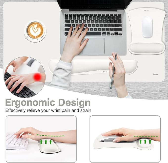 MOSISO Keyboard Mouse Pad Set, Large Gaming Mousepad&Keyboard Wrist Rest&Mouse Wrist Rest&Coaster, Ergonomic Non-Slip Mousepad&Easy Typing Cushion with Memory Foam for Home Office, Pearl White