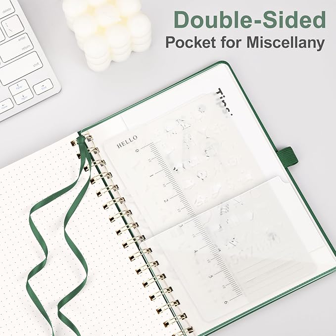 AHGXG Dotted Journal Spiral Notebook, Hardcover Leather Dotted Notebook 140 Pages, A5 Dot Grid Paper Notebook, 100 gsm Thick Paper, for Dotted Journaling, 5.7" x 8.3", Green