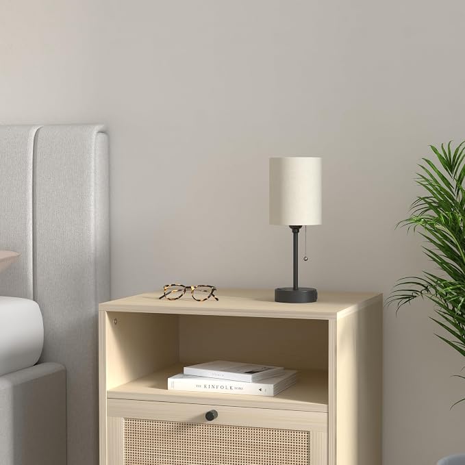 Beige Small Lamps 3 Levels Brightness - 3000K 4000K 5000K Bedside Lamps with USB C and A Ports, Pull Chain Table Lamps with AC Outlet, Nightstand Lamps with Black Metal Base for Bedroom Kids Reading