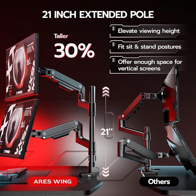 ARES WING Tall Dual Ultrawide Monitor Mount with USB A/C for 17 to 49 Inch | Pro Gas Spring, Aluminum Material, Flexible Screen Layouts, for 75/100 Vesa Mount, Hold 44 Lbs Each Arm, for Samsung Monitor