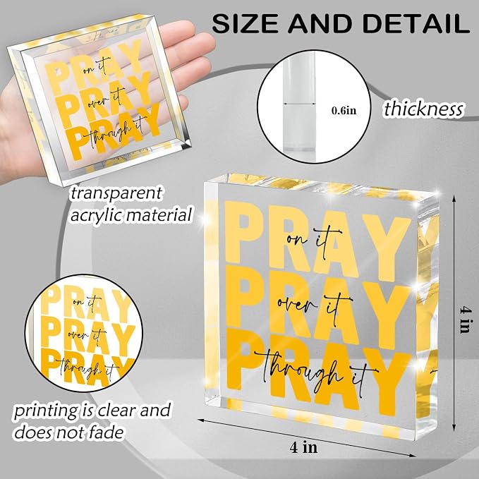 Yellow Dorm Room Decor for Women, Yellow Bathroom Decoration, Ideal Christian Gifts for Women - Pray On It,Pray Over It - Bible Verse Desk Art, Inspirational Decor, Desk Decorations for Office, 4 x 4 inches