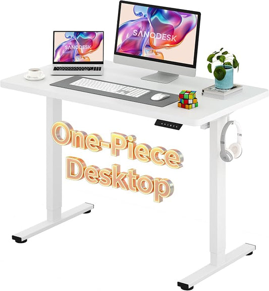 SANODESK Electric Standing Desk 48 x 24 Inches Whole-Piece Desktop Height Adjustable Stand Up Desk w/6-Button Controller Ergonomic Computer Desk for Home Office, White Frame + White Tabletop