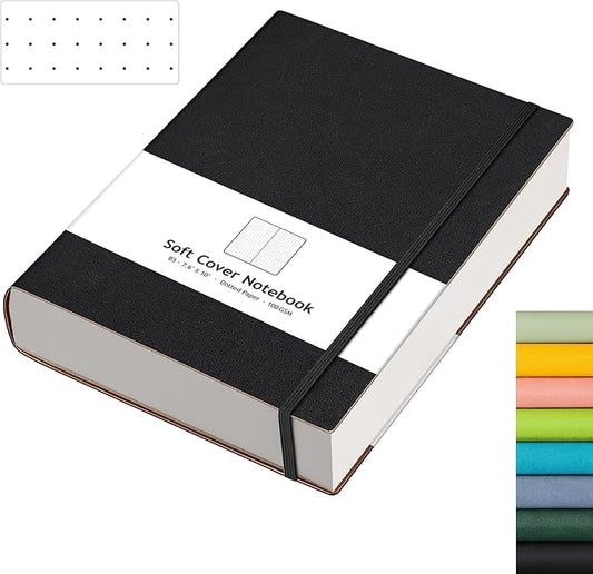 AHGXG Dotted Journal - 320 Pages Dot Grid Notebook B5 Large Journal, 100gsm Thick Dotted Paper, Leather Softcover, with Journal Stencils, Inner Pocket, 7.6'' X 10'', Black