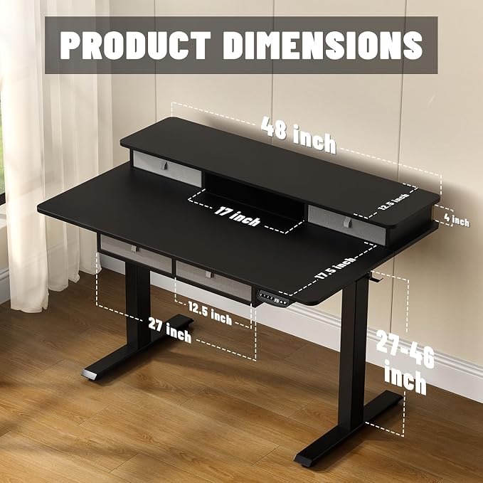 48 * 30 Inches Electric Standing Desk Adjustable Height with 4 Drawers, Double Storage Shelves Stand Up Desk, Home Office Workstation Sit Stand Desk (Classical Black)