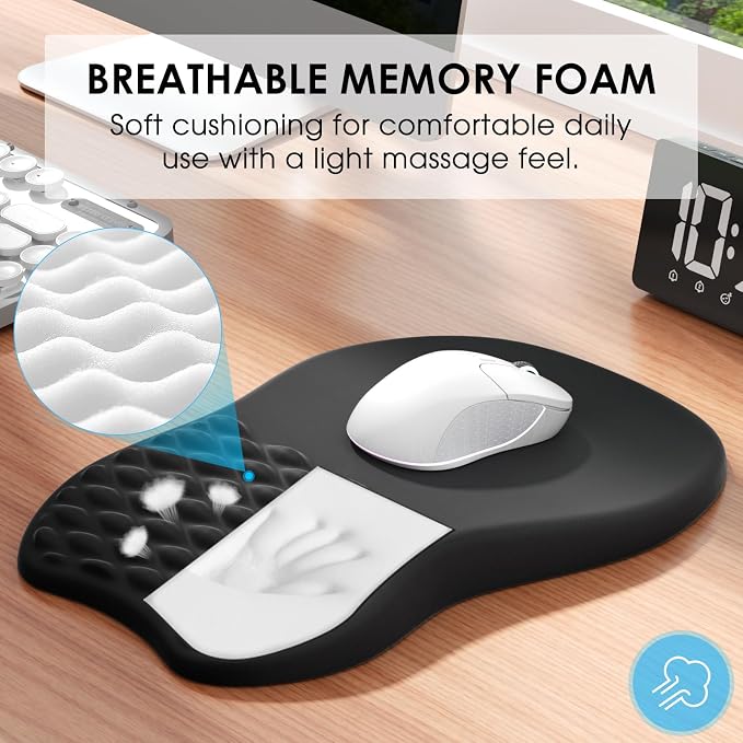 MROCO Ergonomic Mouse Pad with Wrist Support, 11.8 x 7.8 Inch, Black | Memory Foam Wrist Rest Mouse Pad, Non-Slip Base, Smooth Lycra Surface for Office & Home, Comfortable Wrist Support