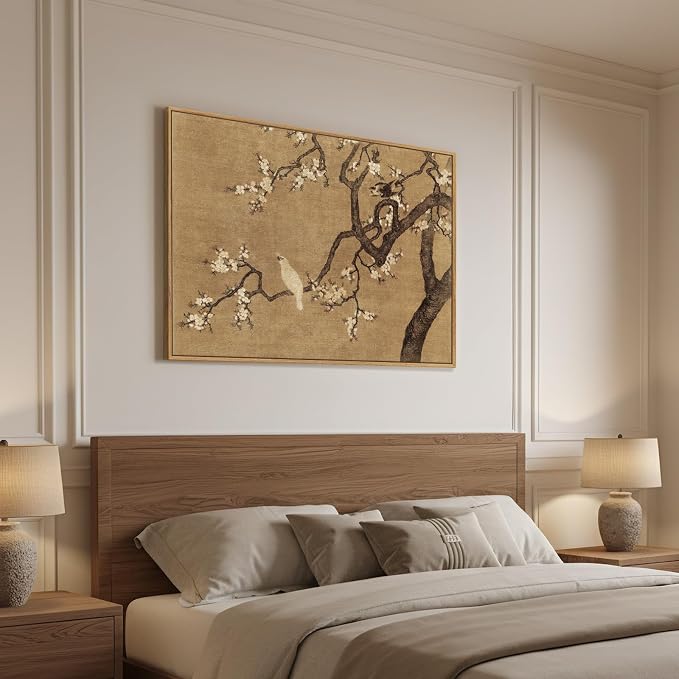 Framed Vintage Asian Wall Art, Neutral Chinoiserie Plum Blossom Branch Floral Bird Canvas Prints Painting, Zen Japandi Oriental Picture for Living Room Bedroom Kitchen Wall Decor, 24x36 Inch
