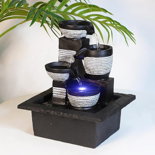 Ferrisland Tabletop Waterfall Fountain - 3-Step Modern Water Fountain with LED Light for Office Desktop Decor
